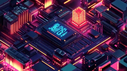 Fototapete - Futuristic cyberpunk city integrated circuit board.