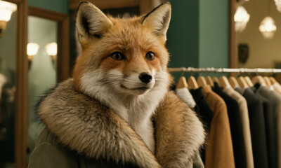 Poster - A curious fox standing next to a rack of clothes, possibly searching for something to wear