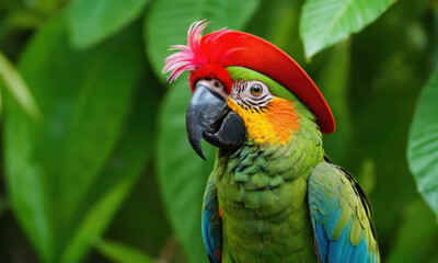 Poster - A vibrant parrot perched, wearing a bright red hat
