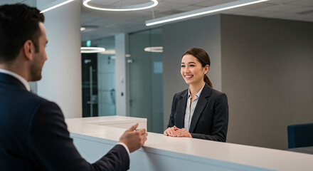 Poster - Smiling receptionist greeting businessman in modern office lobby