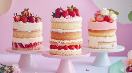 Poster - Soft pastel tones highlight three layered cakes with strawberries and cream