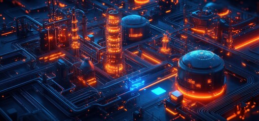 Poster - Futuristic Refinery: A Cyberpunk Industrial Landscape