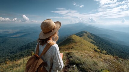 Poster - A young woman gazes at breathtaking mountain vistas, wearing a straw hat and a backpack. Her surroundings highlight the beauty of nature, filled with lush greenery and distant peaks under a vast sky