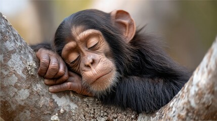 Poster - A young chimpanzee nestles comfortably against a tree branch, eyes closed and peaceful, embodying the serenity of nature during a warm afternoon