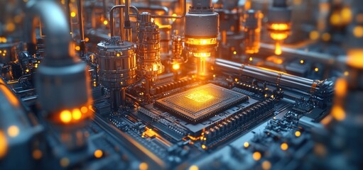 Poster - Futuristic Microchip Manufacturing: A High-Tech 3D Render of a Complex Microprocessor Assembly Line