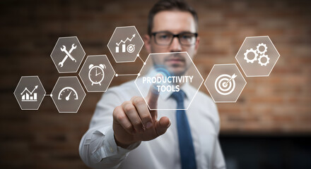 Poster - Focused Man Touching Productivity Tools on Digital Interface Display with Brick Wall Background Wearing a Dress Shirt and Tie