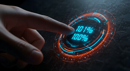 Poster - Hand Touching Futuristic Glowing Digital Interface with Numbers and Pixelated Design on Dark Background