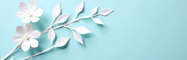 Poster - White paper flowers and delicate leaves adorn a soft, serene light blue background in this lovely still life scene._00001_