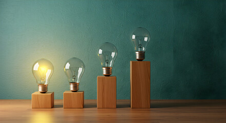 Poster - Illuminated Lightbulbs on Wooden Blocks Representing Growth and Progress on Rustic Table with Green Background