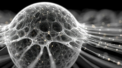 Poster - Abstract sphere formed by glowing neural connections and fine digital threads, floating in black space
