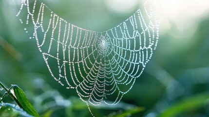 a close-up of a spiderâ€™s web covered in morning dew