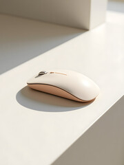 Poster - A light beige wireless computer mouse rests elegantly on a minimalist surface with clean lines and simplicity._00001_