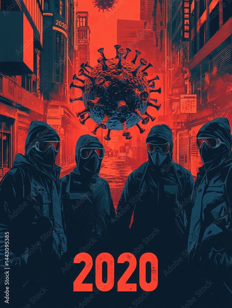 A haunting urban scene features four masked figures in dark clothing, set against a red-toned backdrop with a looming virus graphic. The atmosphere evokes a sense of fear and uncertainty.