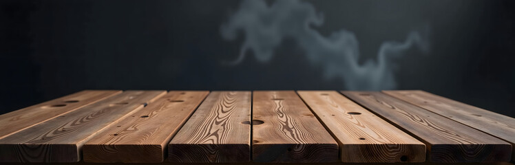 Poster - A rustic wooden plank tabletop stands out against a dark smokey background in this striking display of contrast and texture._00001_