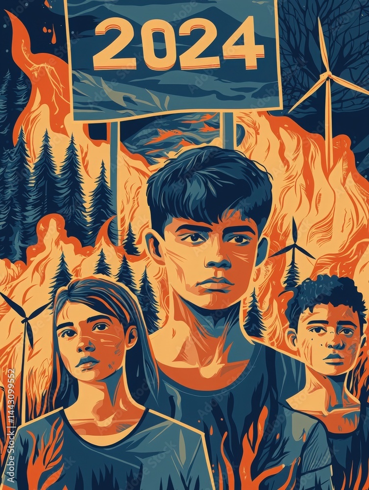 Three young individuals stand prominently against a backdrop of wildfires and wind turbines, representing the urgency of climate action as they gaze ahead with determination and hope for 2024.