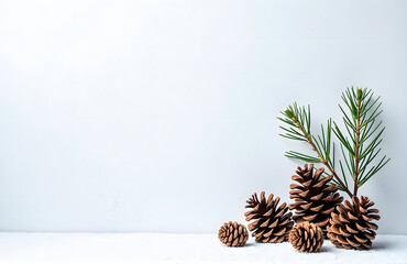 Poster - A serene winter landscape featuring pine cones and branches set against a soft, white background with frosty texture._00001_