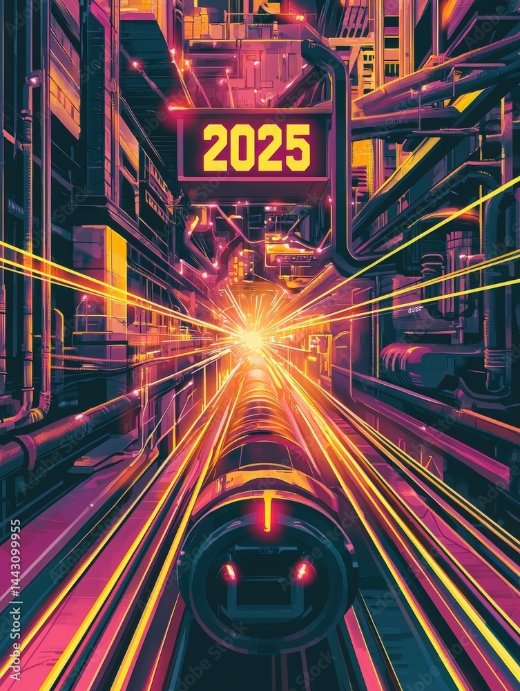 A vibrant cityscape featuring a high-speed train speeding through a network of pipes and neon lights. The sign displays the year 2025, suggesting a futuristic theme.