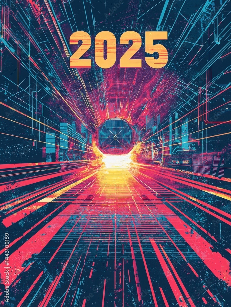 A colorful tunnel extends into the distance, featuring bold lines and a glowing sphere at the end. The vivid hues of red and blue create an energetic atmosphere suggesting a futuristic setting.