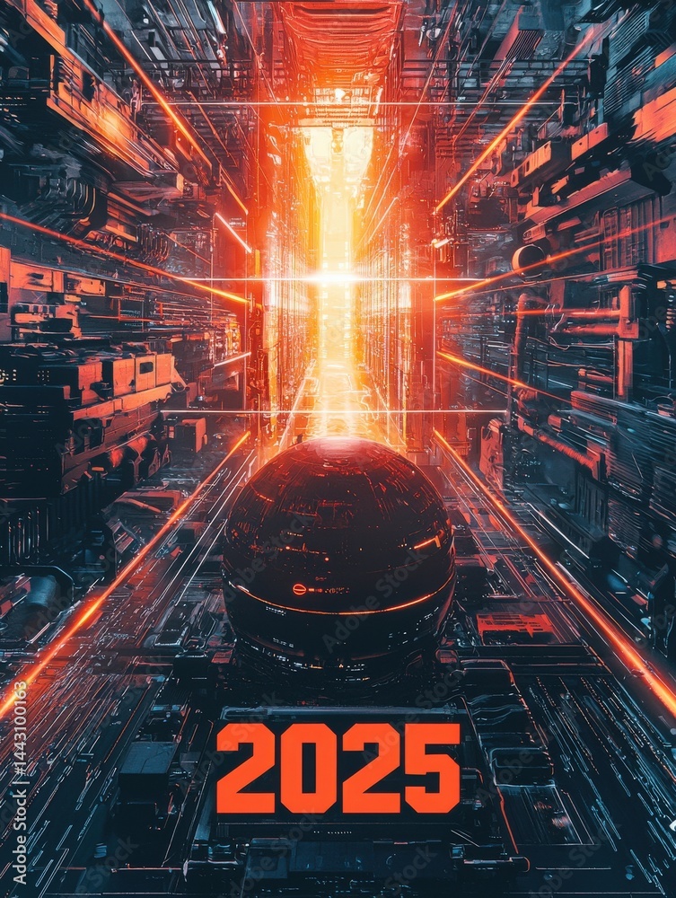 A striking futuristic cityscape features a large spherical structure amid towering buildings bathed in neon lights. The atmosphere suggests advanced technology in an urban setting for the year 2025.