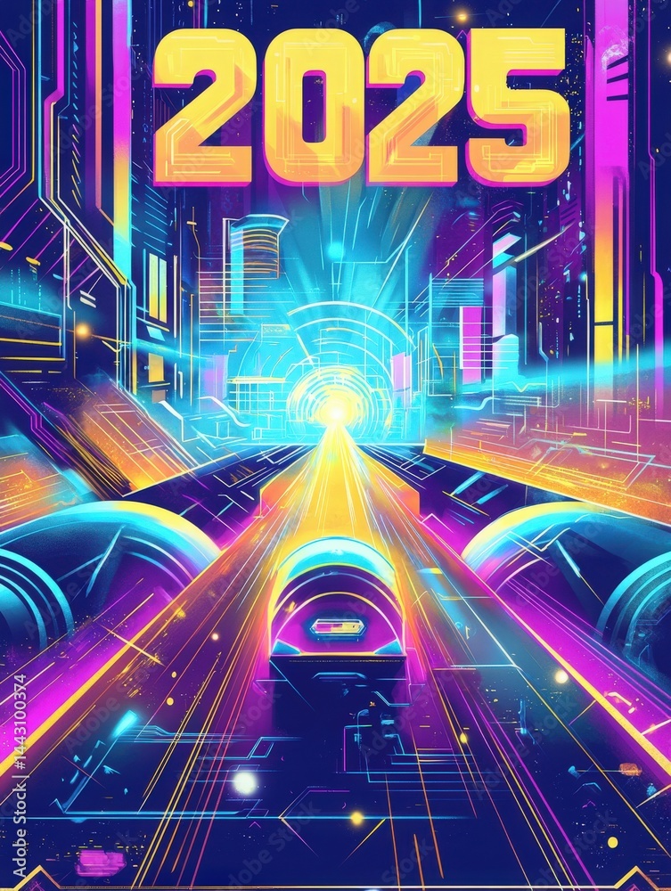 A vibrant cityscape showcases a futuristic environment with neon lights and digital elements. The design features glowing pathways leading to a bright core, symbolizing a technological future in 2025.
