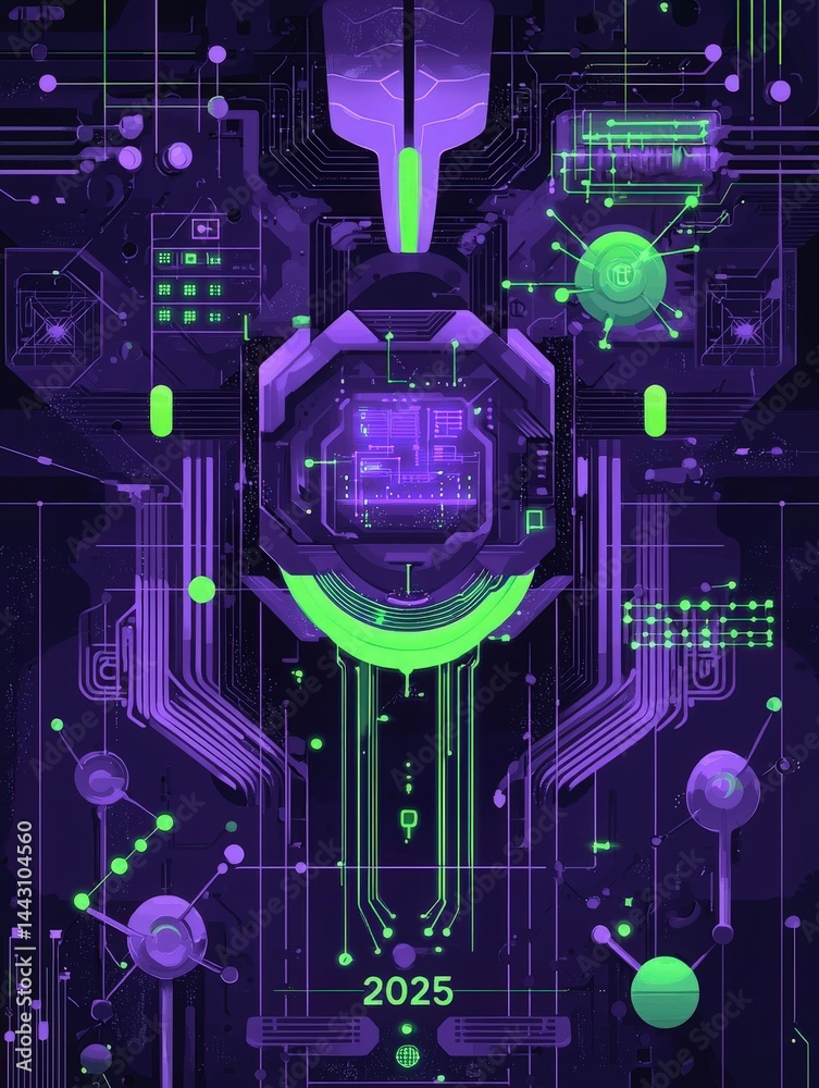 This artwork features a vibrant circuit board design with intricate patterns in purple and green hues. Central elements suggest advanced technology, symbolizing innovation and futurism.