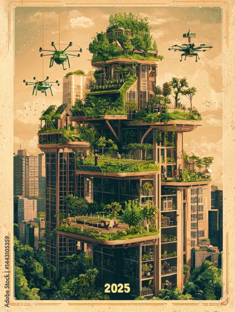 A vibrant vertical garden fills a futuristic skyscraper in a bustling city. Drones hover around while people engage in gardening, creating a blend of nature and technology in urban life.