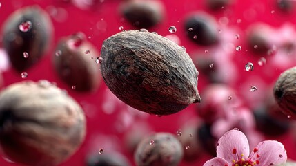 Poster - Shea nuts and pink blossoms in water drops in a beautiful close up shot