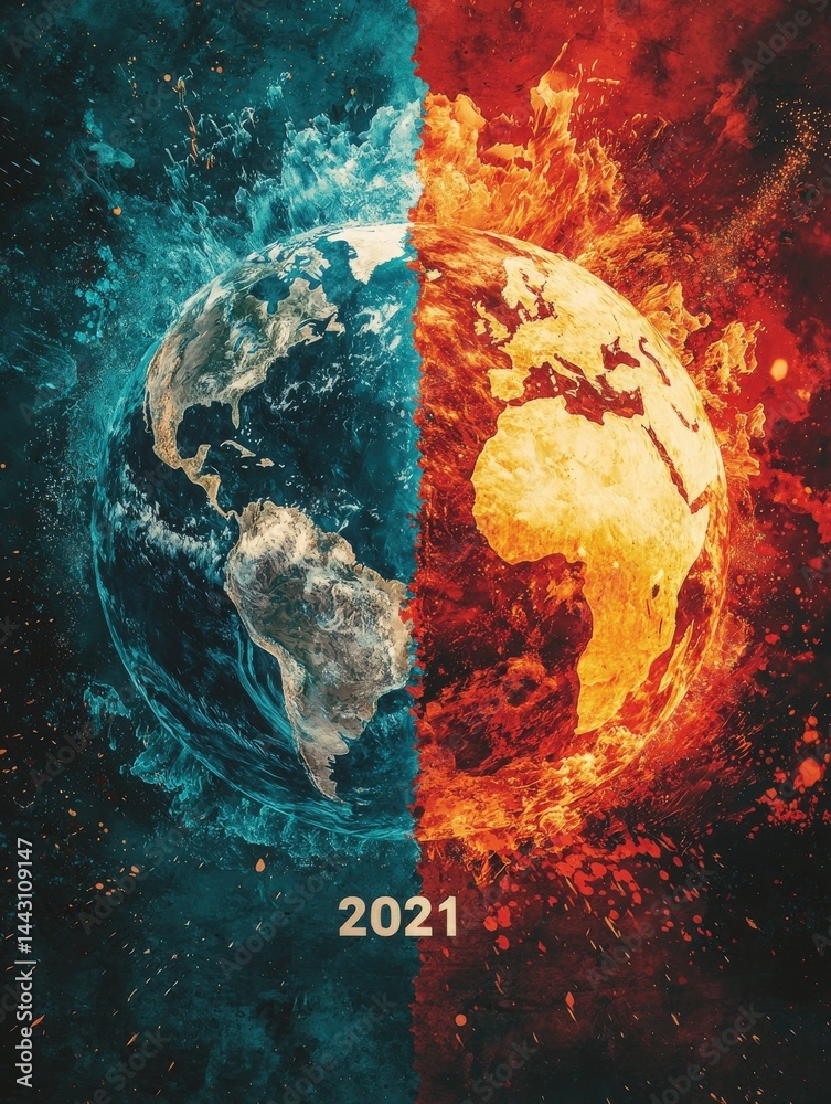 The artwork contrasts two halves of the Earth, with one side representing a cold, icy environment and the other engulfed in flames, illustrating climate change issues in 2021.