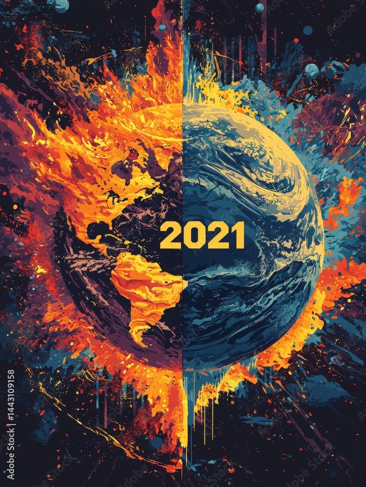 This vibrant artwork illustrates the Earth split into two contrasting halves, one engulfed in flames and the other surrounded by cool blue tones.