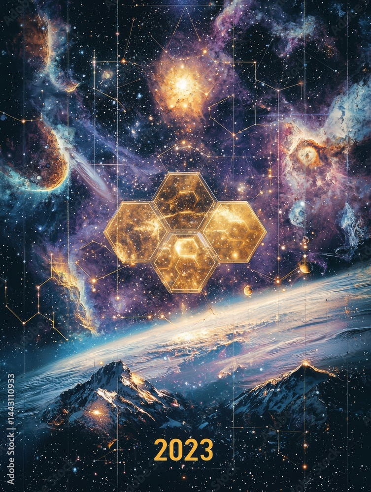 A stunning cosmic landscape portrays vibrant galaxies and nebulae against a dark starry background. Golden honeycomb shapes are featured prominently, symbolizing unity and discovery in 2023.