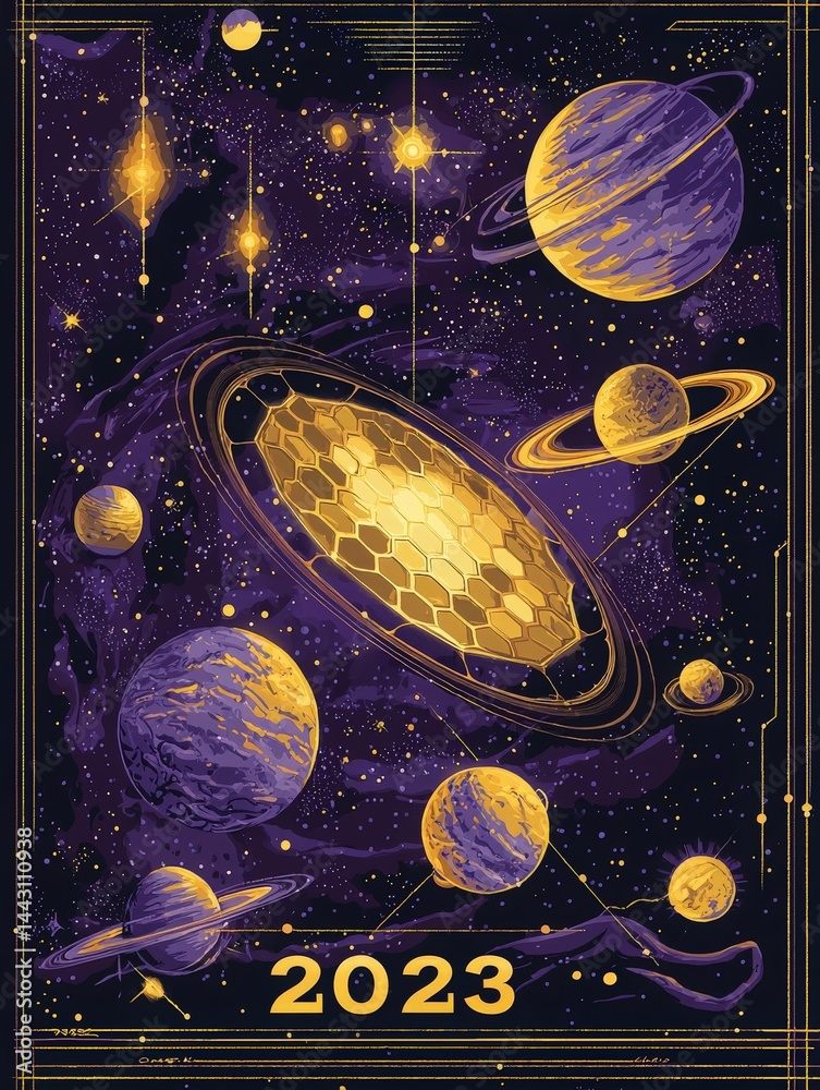 Richly illustrated celestial bodies float against a deep purple background. The artwork showcases planets, rings, and stars, all celebrating the vastness of space in the year 2023.