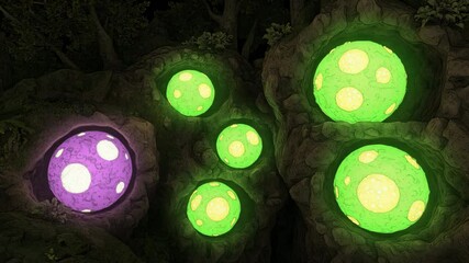 Poster - Glowing lights illuminating a cluster of unique rocks in a mysterious cave environment