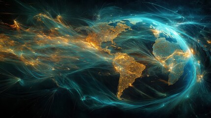 Wall Mural - Earth surrounded by countless glowing flight paths, showcasing the complexity of international air travel, futuristic background 