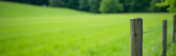 Poster - A weathered wooden fence post stands alone in a lush green meadow with a soft focus blur surrounding it._00001_