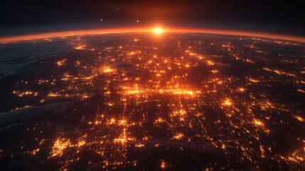 Wall Mural - Earth at night glowing with lights and flight paths, airplanes creating a web of global connectivity, modern visualization 