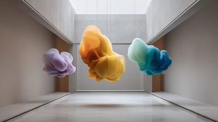 Poster - Abstract colored plumes within a modern architectural space, creating dynamic visual