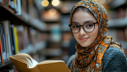 Woman reading book library interior