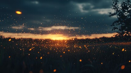 Wall Mural - A group of fireflies glowing in a dark field during the evening