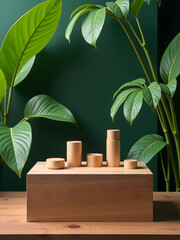 Poster - A wooden podium is placed in a setting of a vibrant tropical forest for showcasing products on display._00001_