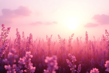 Wall Mural - blossoming natural meadow with pastel and saturated floral tones, layers of depth leading the eye th