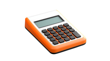 Close up of an orange and white calculator with a display screen set at angle isolated on transparent background	