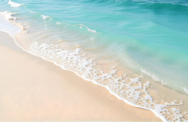 Poster - Gentle ocean waves lap against a soft light beige sandy shore in a serene coastal setting._00001_