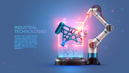 Poster - Robot welding at factory processes metal part. Designing, prototyping metal parts using laser welder robot. Laser beam with sparks comes from robotic arm in factory. Robot welder in industry on plant