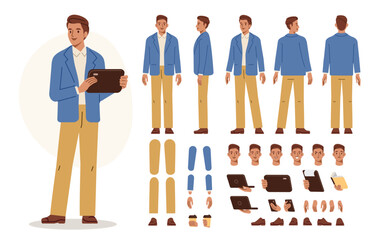 Wall Mural - fashionable business man holding tablet. character constructor for animation. front, side and back v