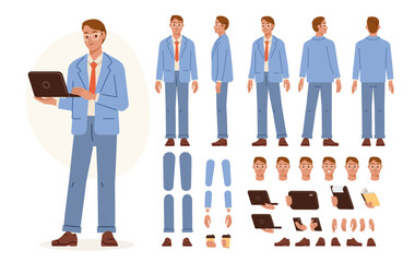 Wall Mural - business man holding laptop. character constructor for animation. front, side and back view set. bod