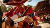 Colorful mariachi musician playing guitar outdoors in traditional Mexican costume
