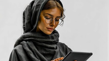 Poster - young middle eastern woman wearing a hooded black scarf and glasses, using a tablet against a minima