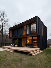 Poster - The modern house features a unique blend of black and wood tones, with a focus on natural materials throughout its design._00001_