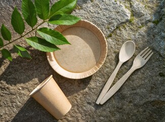 Poster - generativeAI set biodegradable tableware. green leaves - symbol of ecology/nature. set eco-friendly disposable plates natural materials.waste recycling, environmental protection; ecology