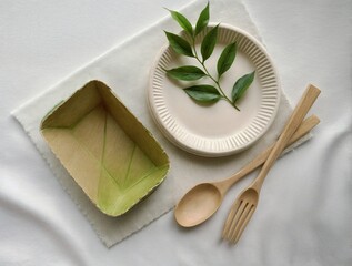 Poster - generativeAI set biodegradable tableware. green leaves - symbol of ecology/nature. set eco-friendly disposable plates natural materials.waste recycling, environmental protection; ecology